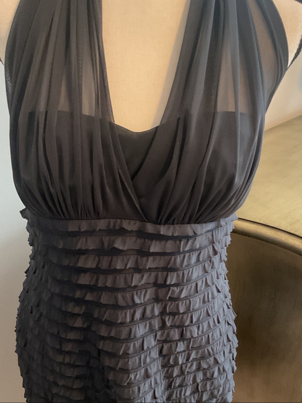 connected apparel Black Halter Backless Ruffle Sheath Dress - Deep V